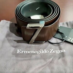 Ermenegildo Zegna Reversible Black/Brown Leather Belt – Gunmetal “Z” Buckle